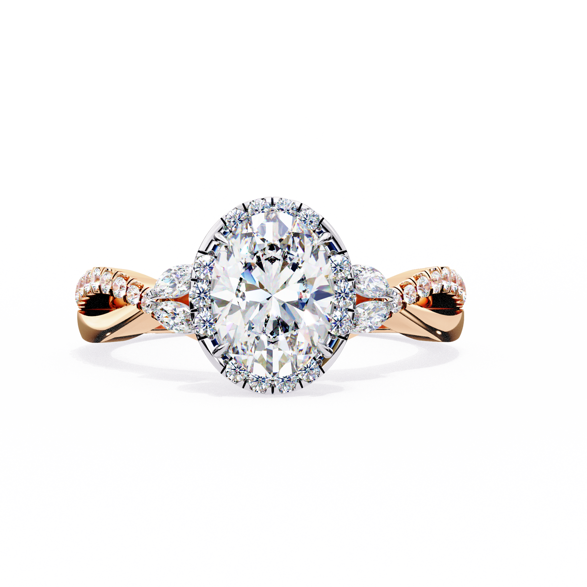 Rose gold ring with a large diamond on a white background