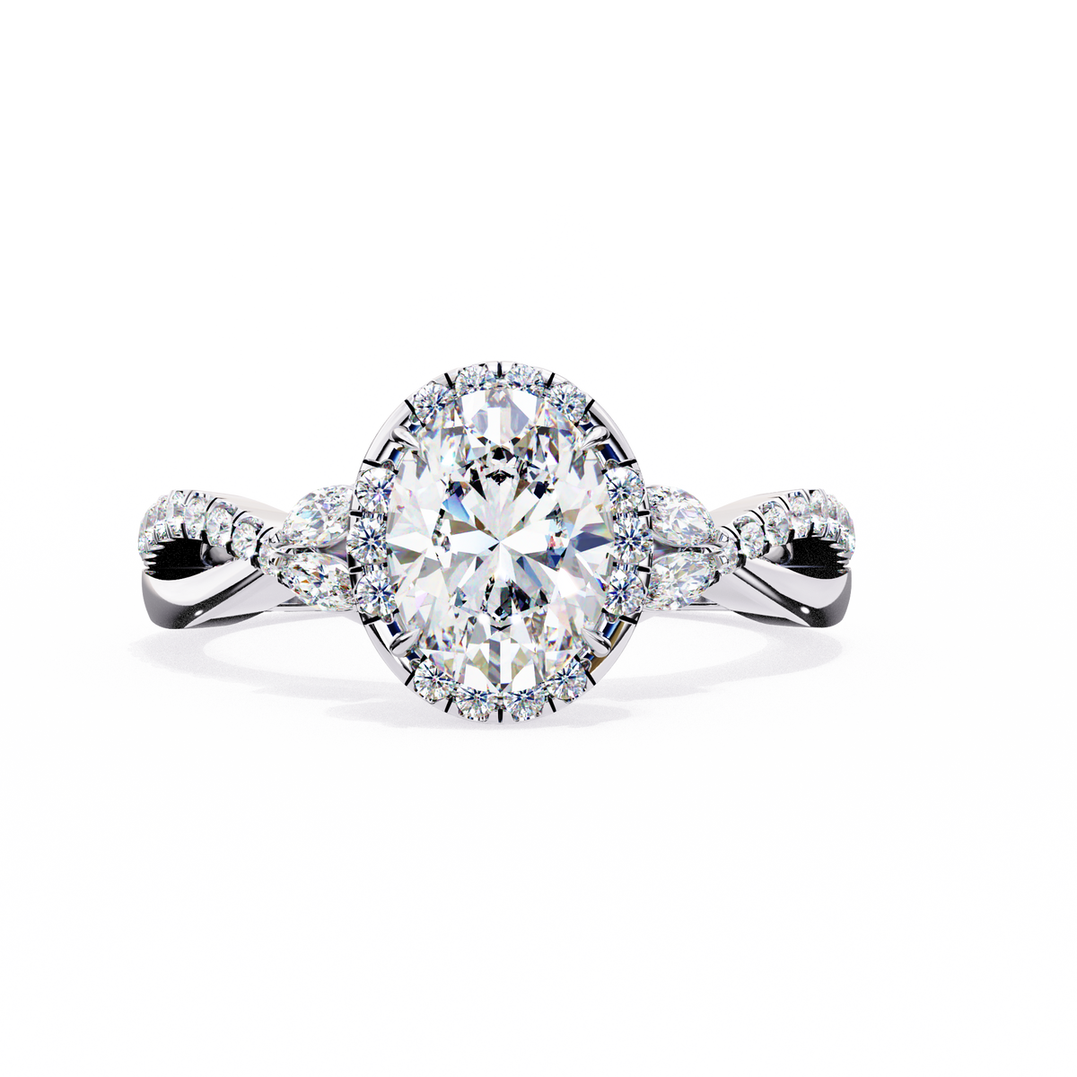 Diamond ring with a pear-shaped center stone on a white background