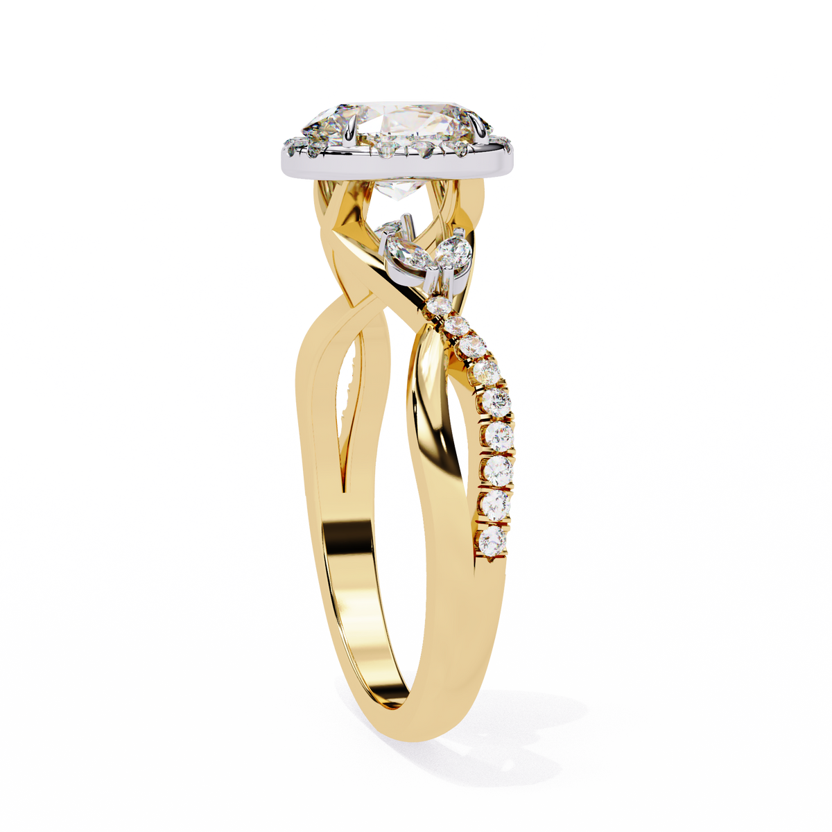 Gold ring with diamond accents on a white background