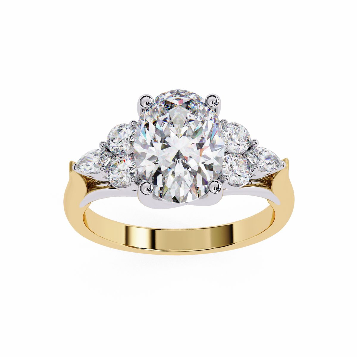 Gold ring with a large diamond and smaller diamonds on a white background