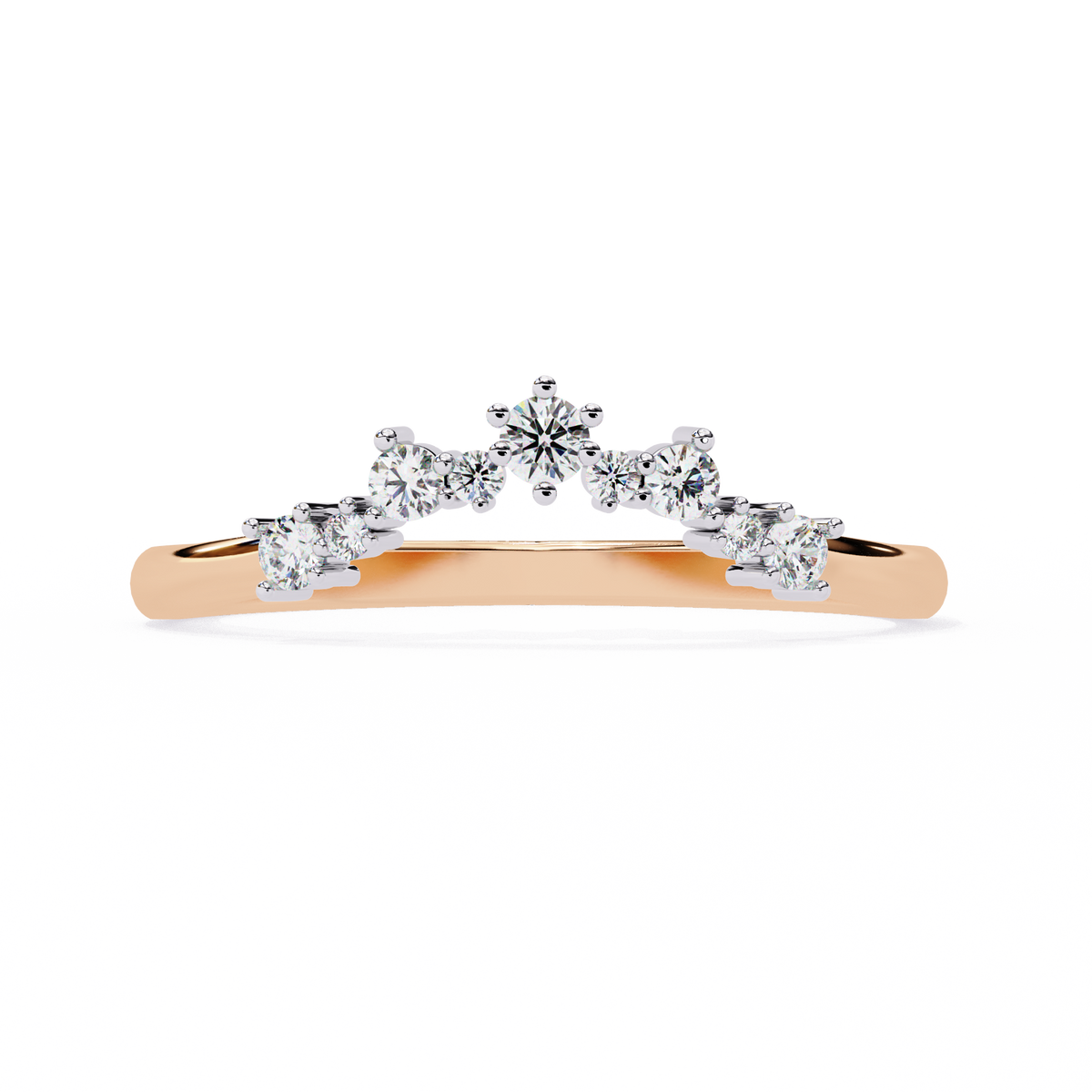 Rose gold ring with diamond accents on a white background