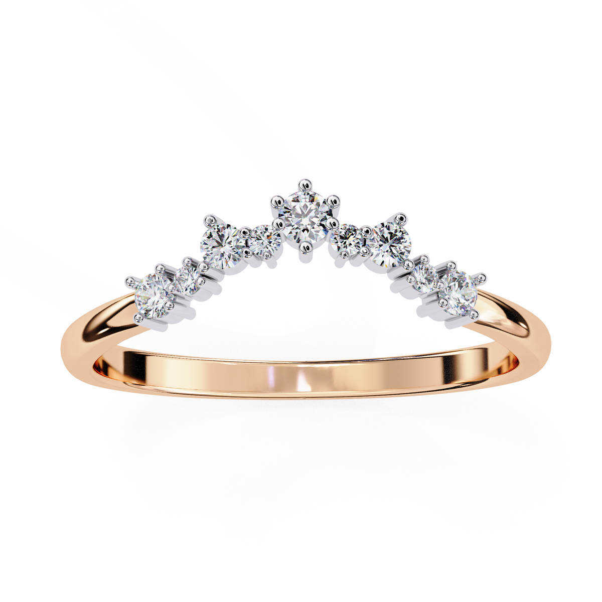 Rose gold ring with diamond accents on a white background