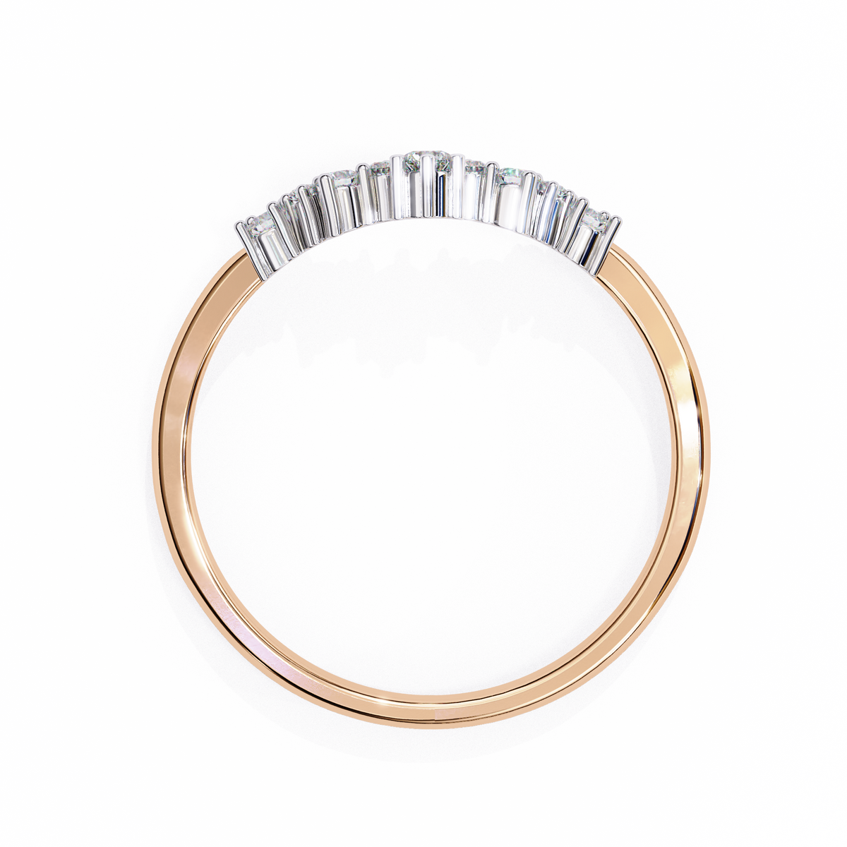 Rose gold ring with diamond accents on a white background
