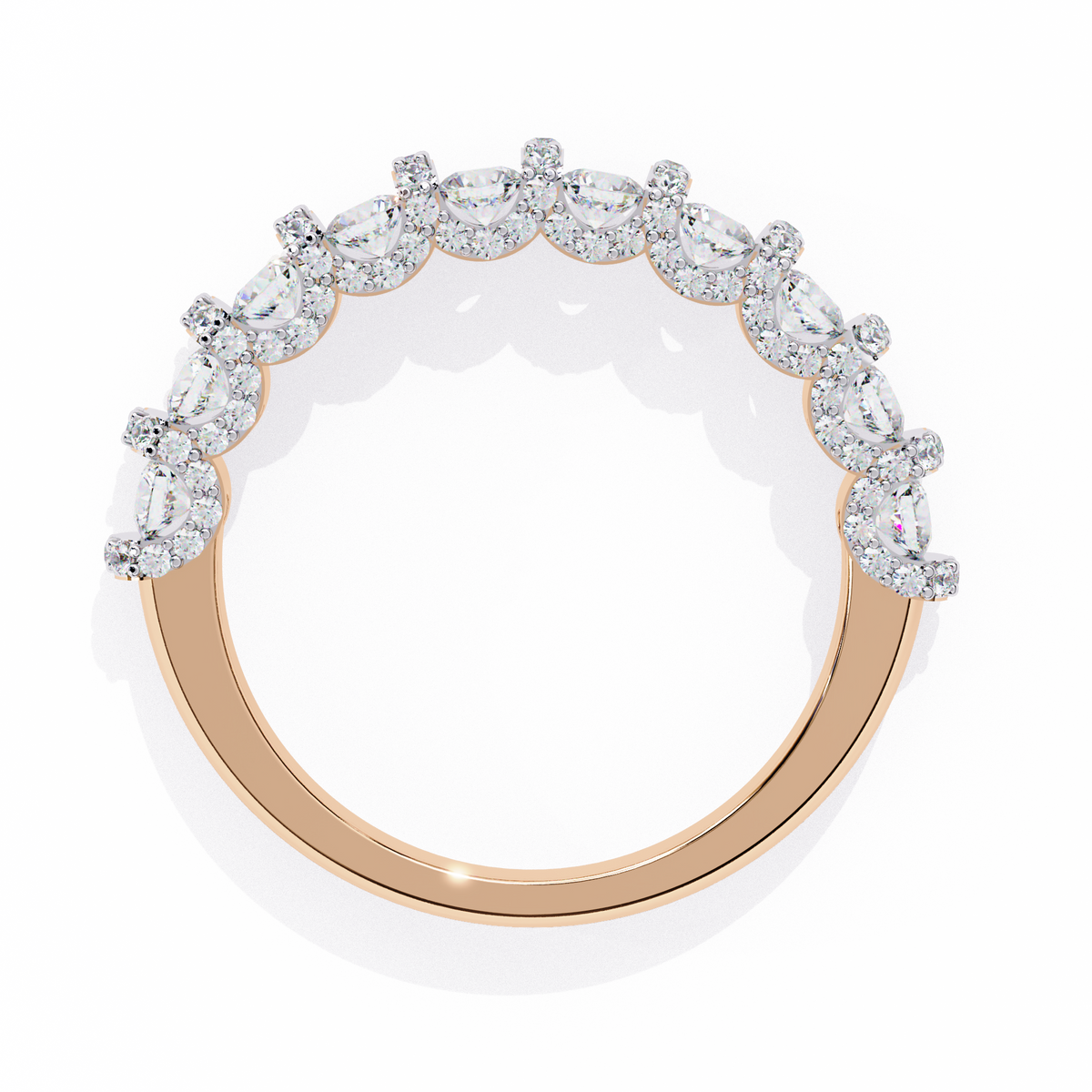 Rose gold ring with diamonds on a white background