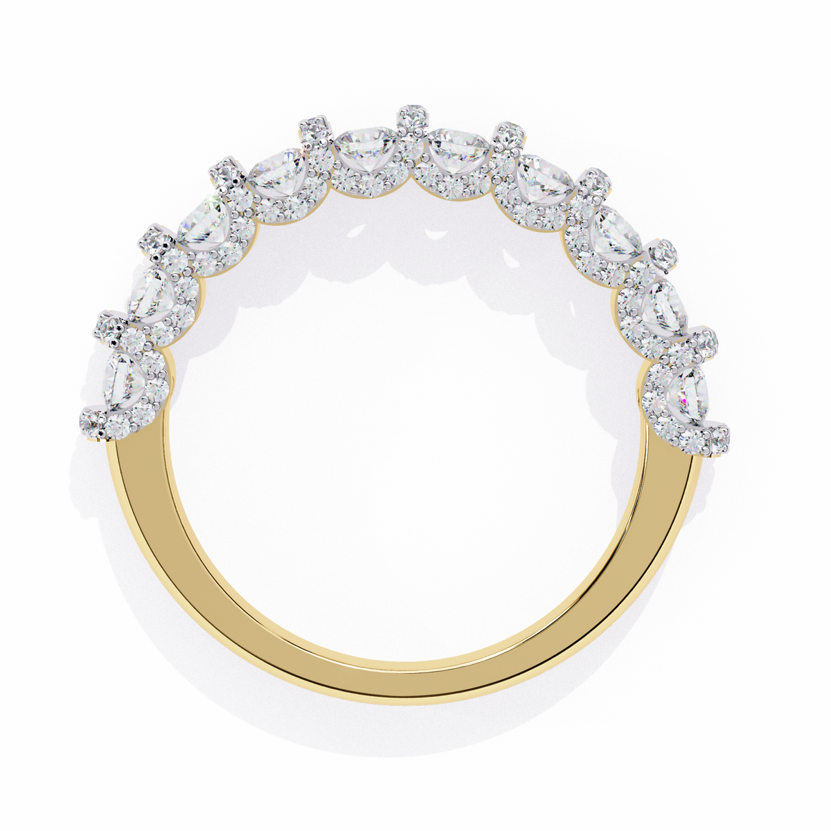 Gold ring with diamond stones on a white background