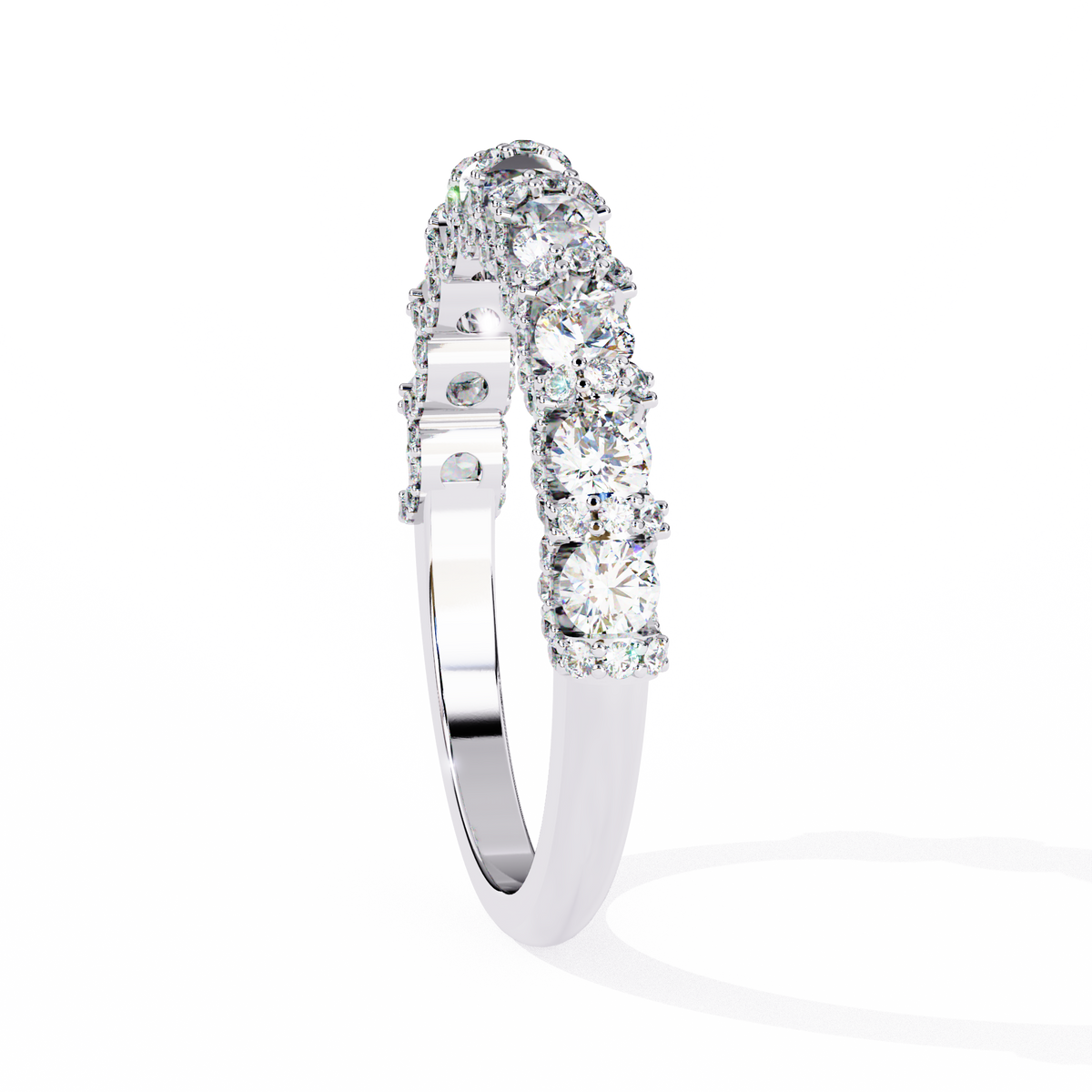 A silver-tone diamond band ring shown in a side profile view on a clean white background.