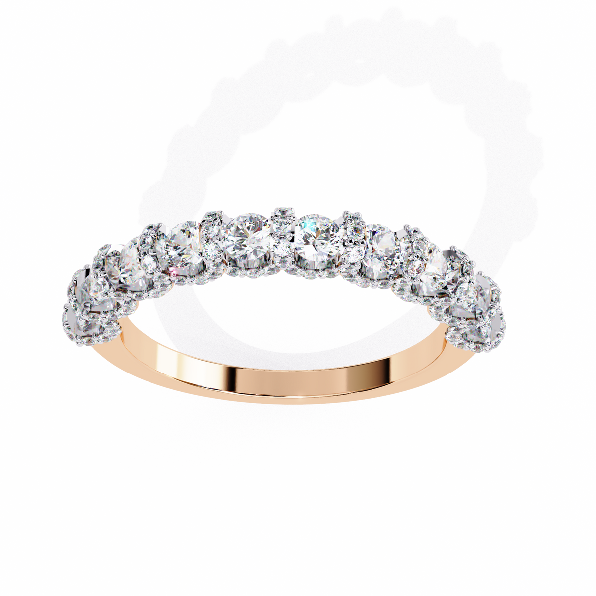 Diamond ring with rose gold band on a white background