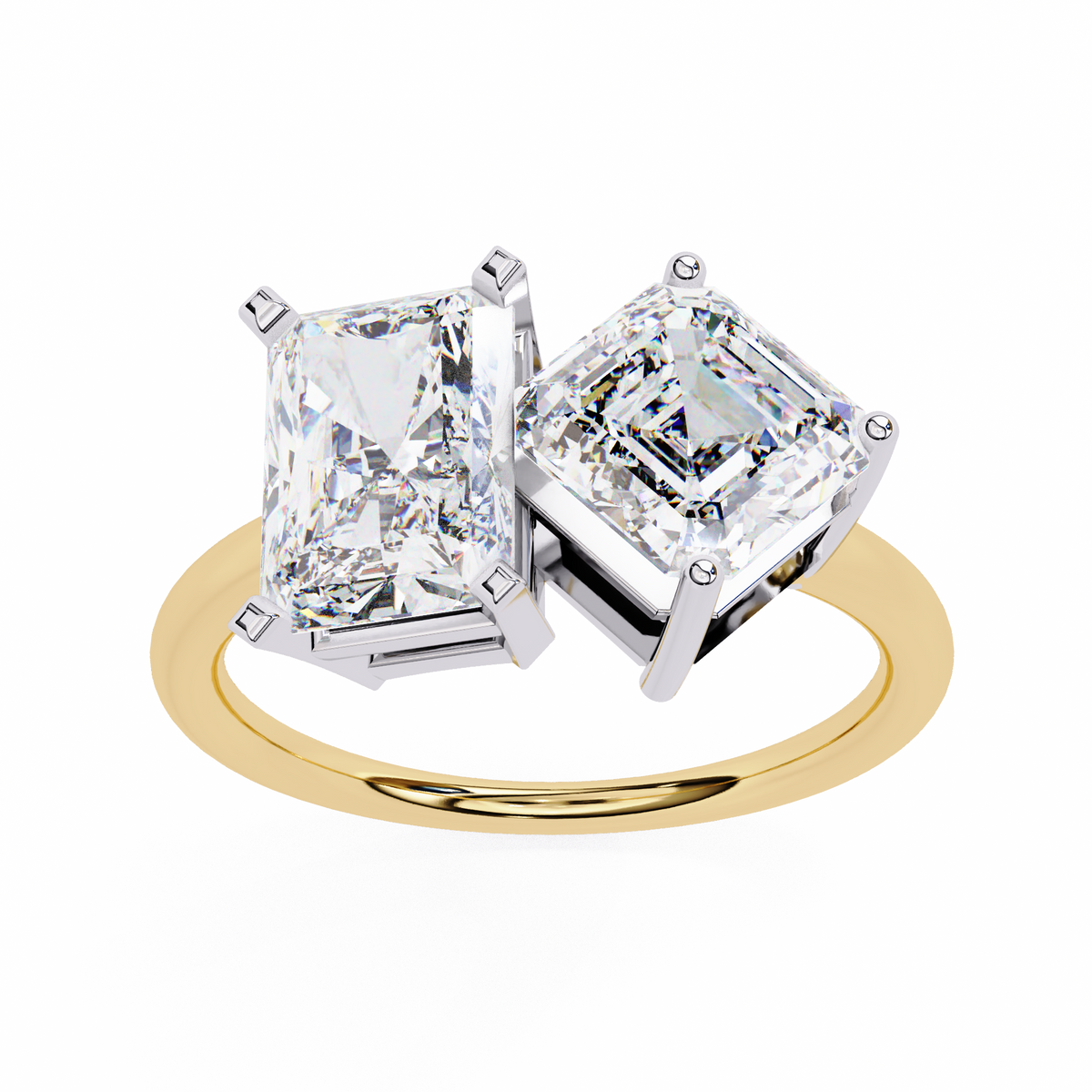 Two diamond earrings on a gold ring with a white background