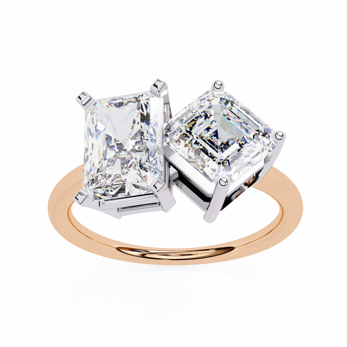 Rose gold ring with two large square-cut diamonds on a white background