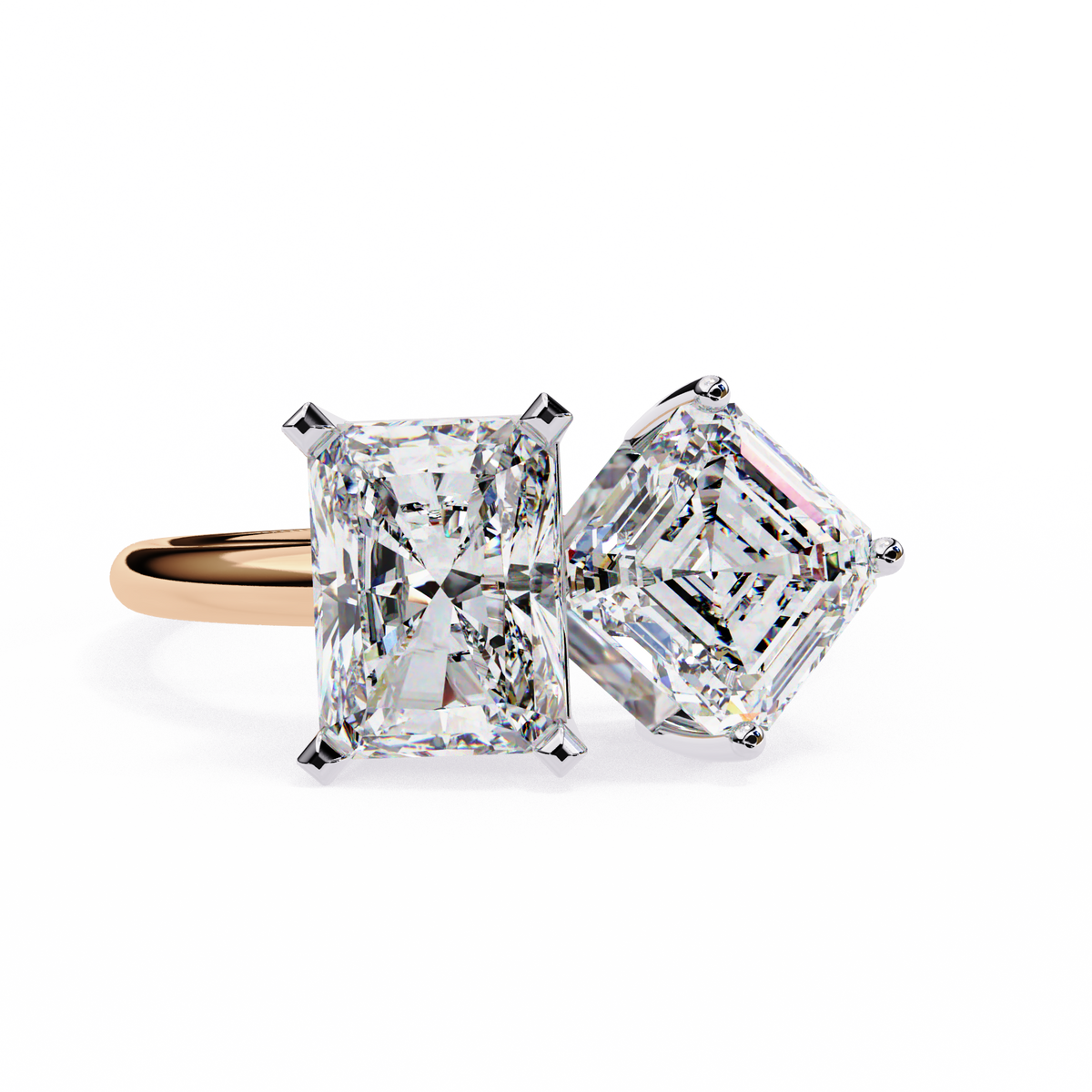 Diamond ring with two large diamonds on a white background