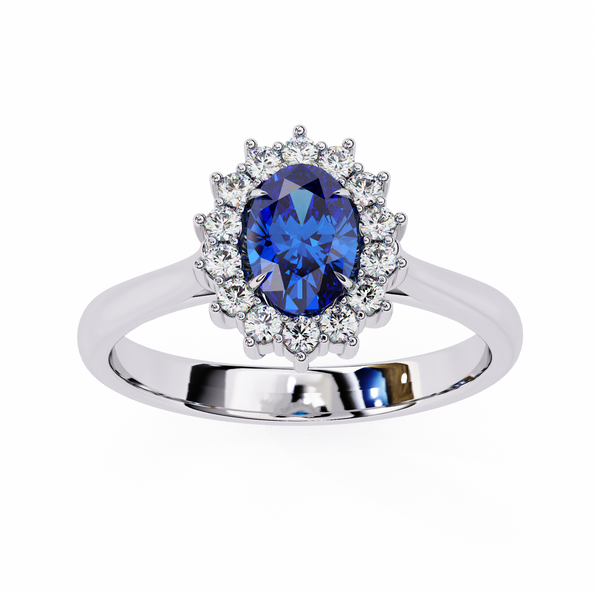 Silver ring with a blue gemstone and diamond accents on a white background