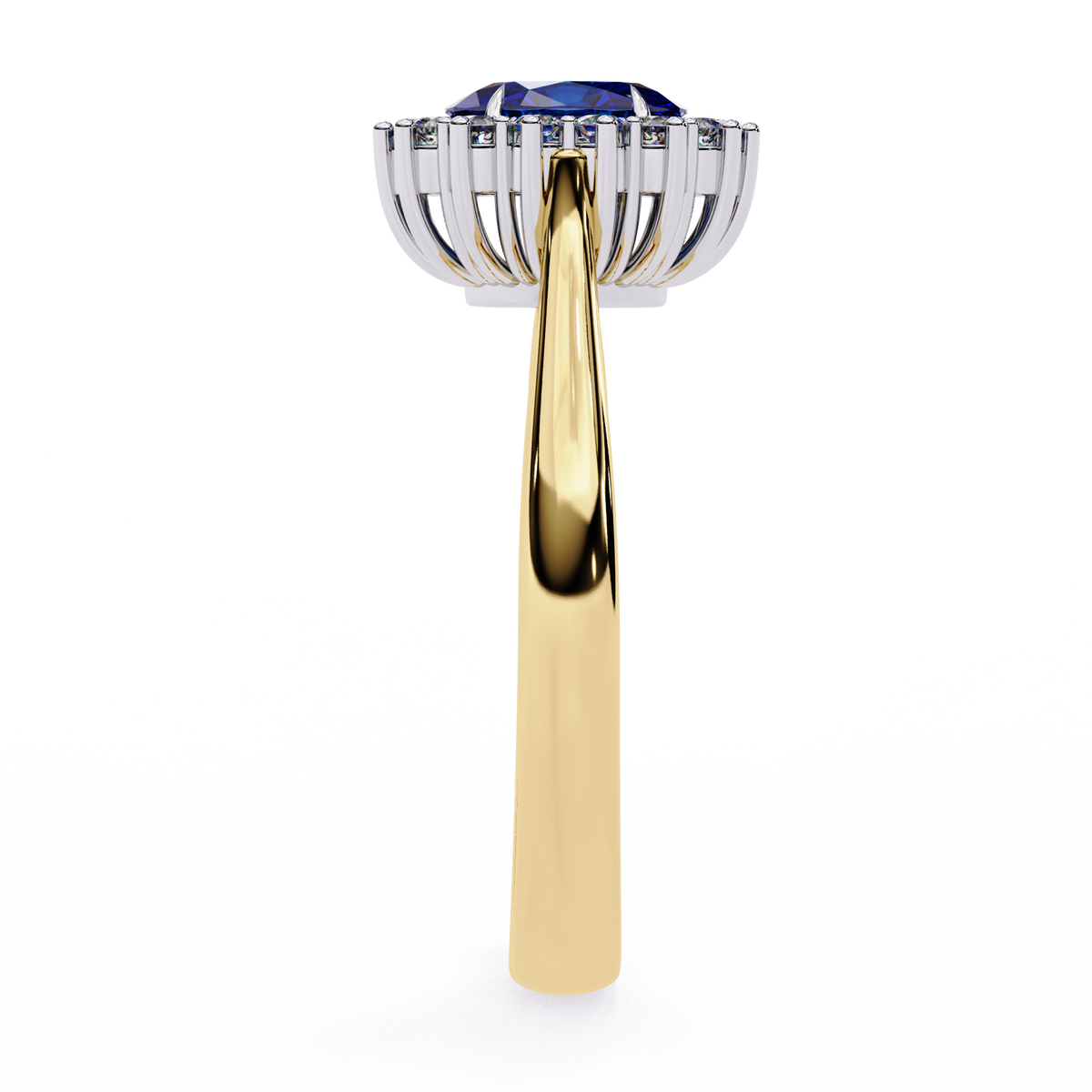Gold ring with a blue gemstone and diamond-studded halo on a white background