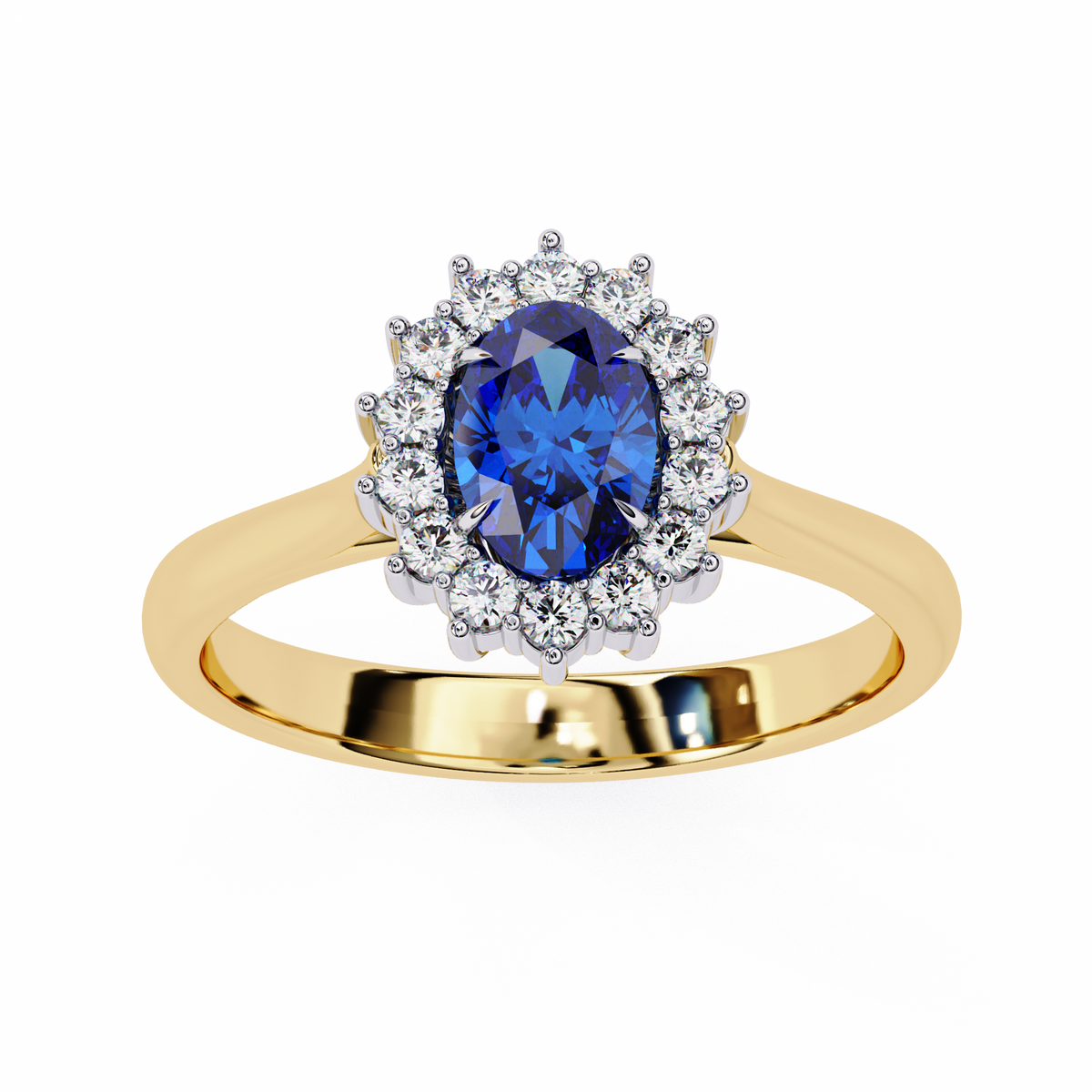 Gold ring with a blue gemstone and diamond halo on a white background