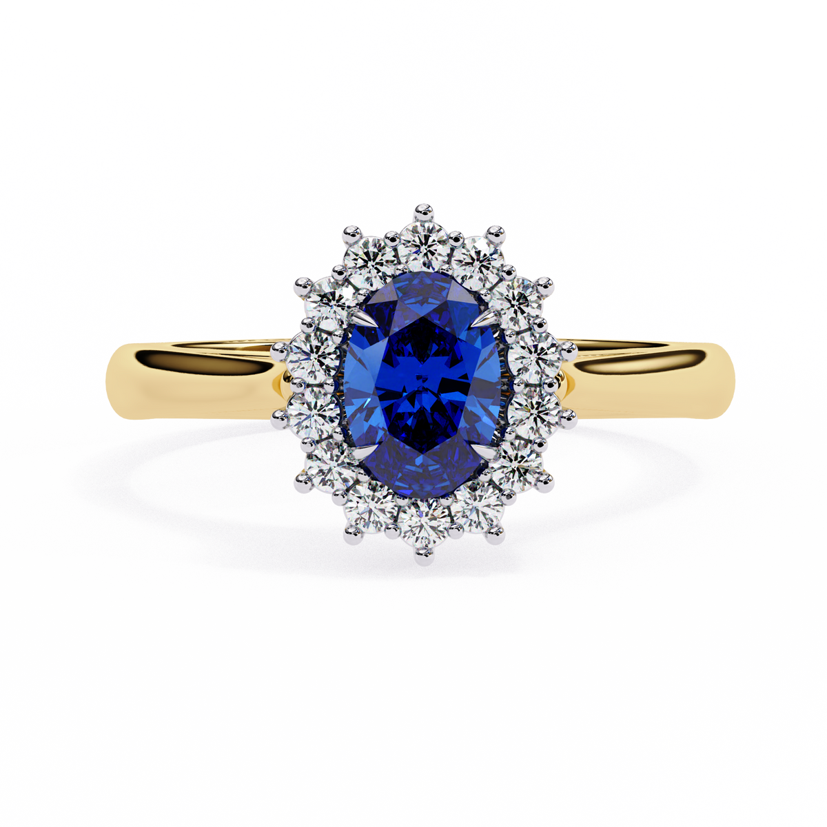 Gold ring with a blue gemstone and diamond accents on a white background