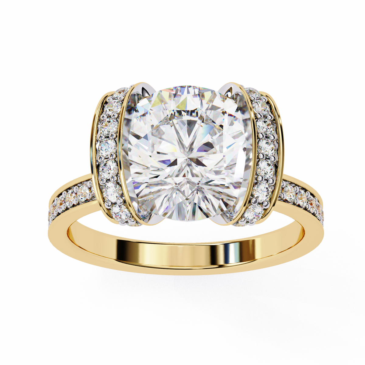Gold ring with a large diamond and smaller diamonds on the band against a white background