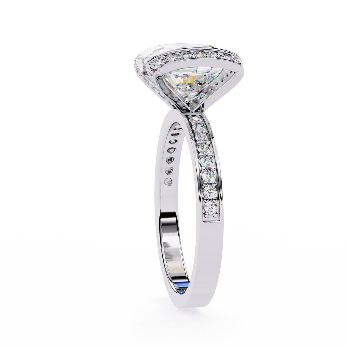 Diamond ring with a white gold band on a white background