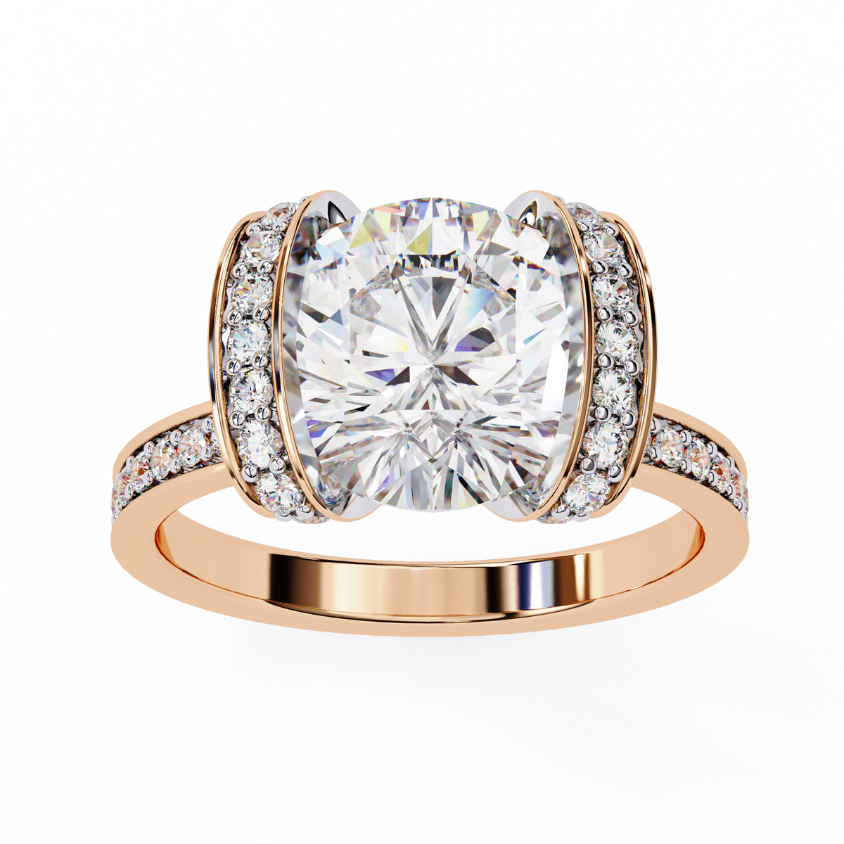 Rose gold ring with a large diamond and smaller diamonds on the band against a white background