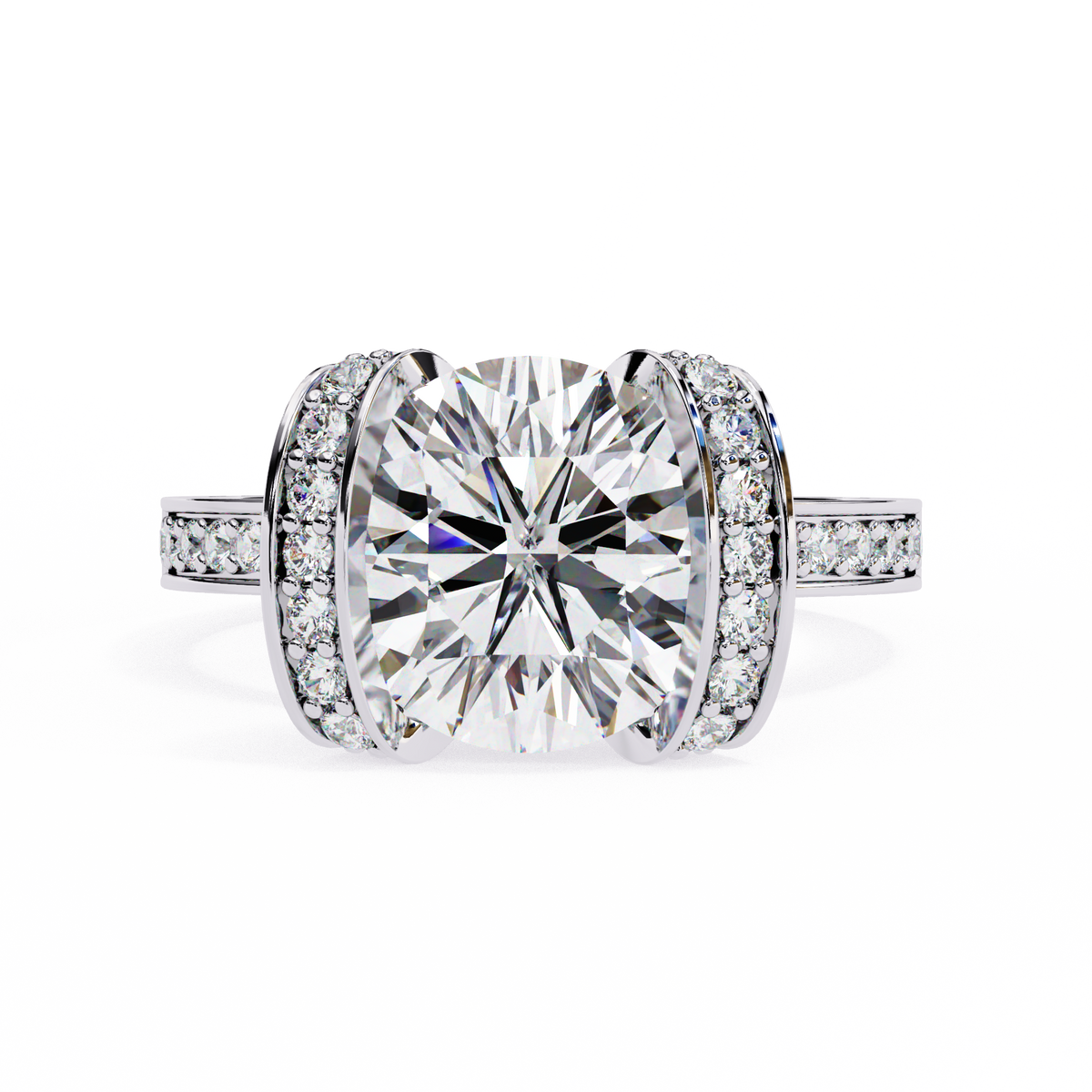 Diamond ring with a large central gemstone and smaller stones on the band against a white background
