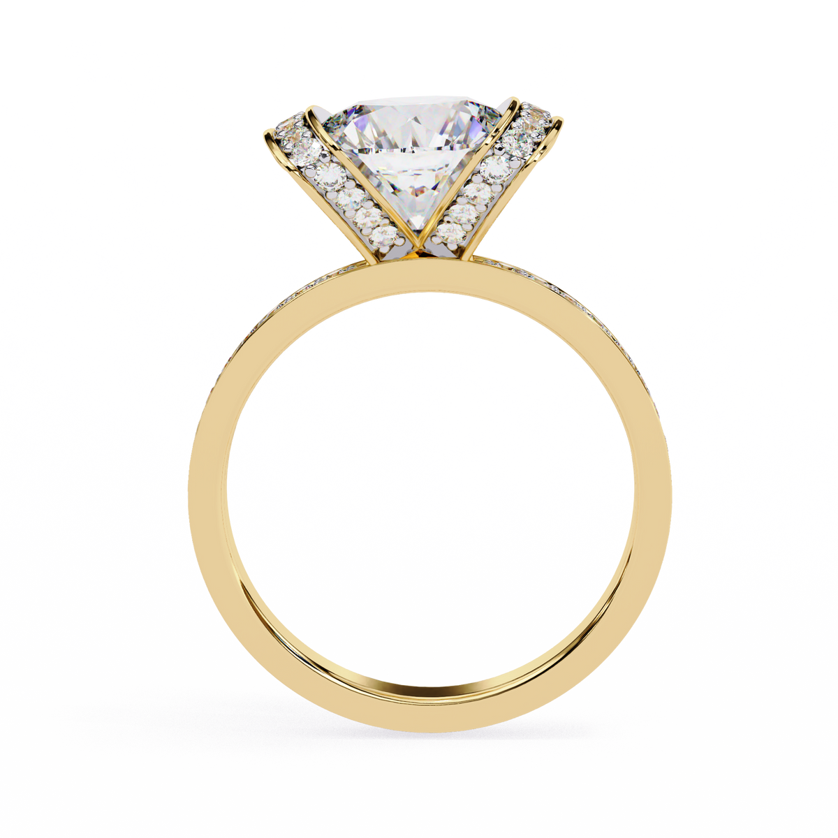 Gold ring with a diamond-shaped center stone and smaller diamonds on a white background
