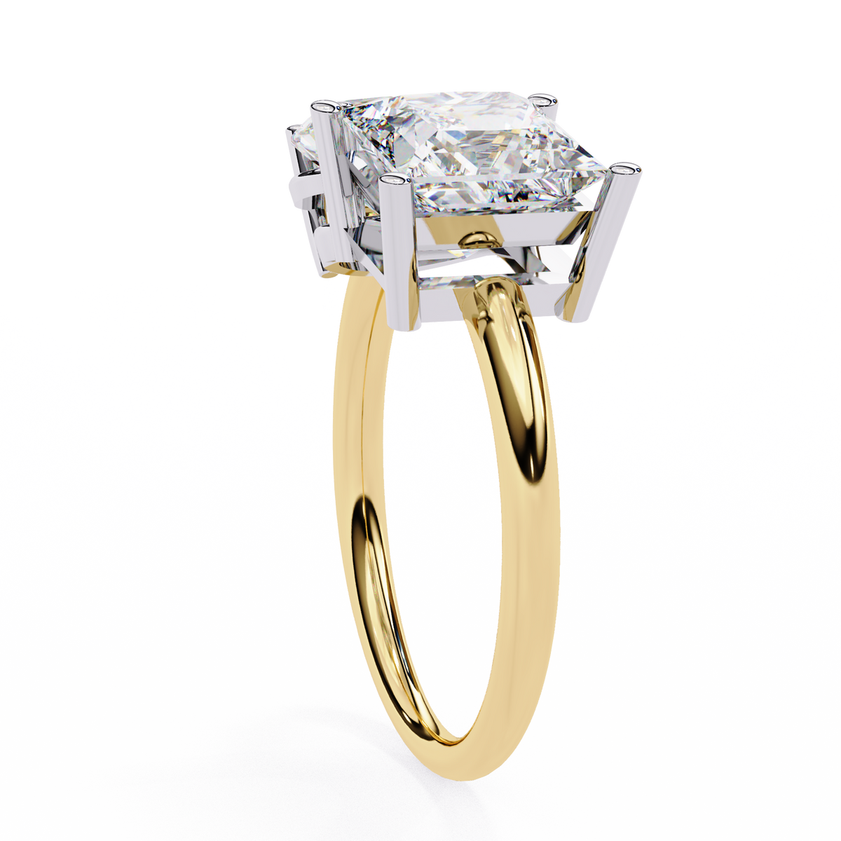 Gold ring with a large diamond and smaller diamonds on a white background