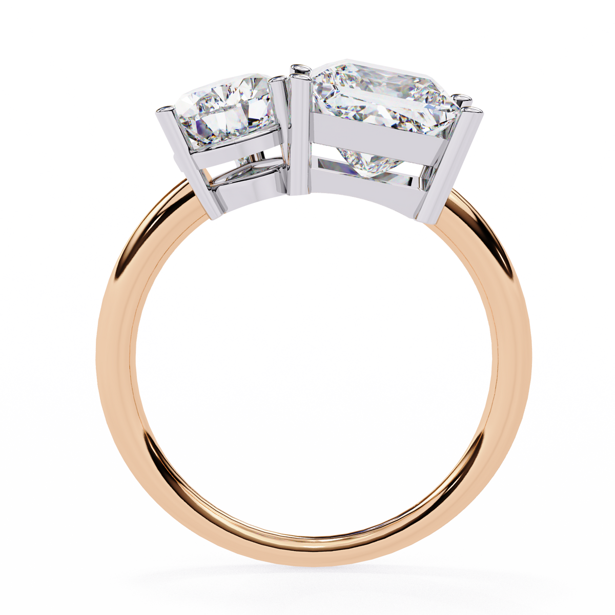 Rose gold ring with diamond accents on a white background