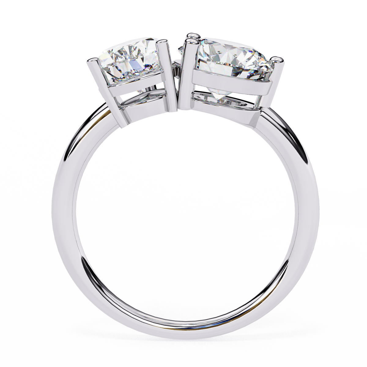 Silver ring with two diamonds on a white background
