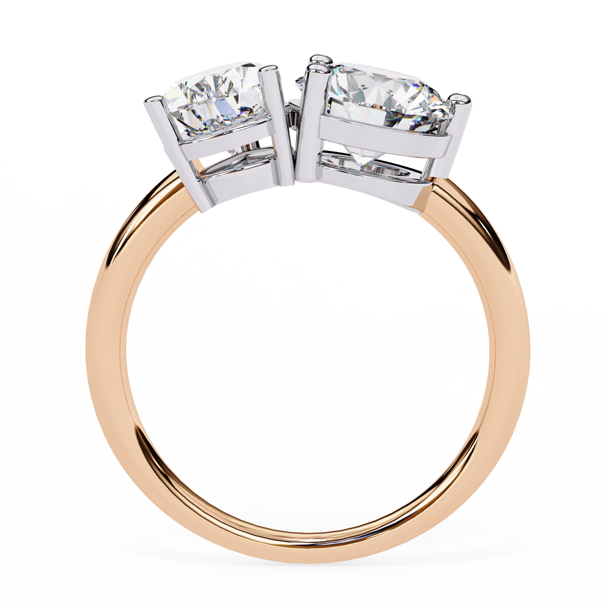 Rose gold ring with two diamond stones on a white background