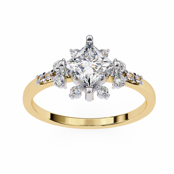 Gold ring with a large diamond and smaller diamonds on a white background
