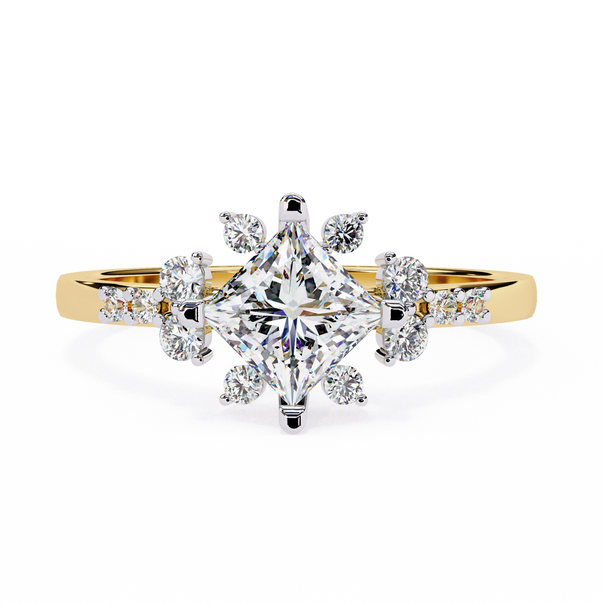Gold ring with a diamond on a white background