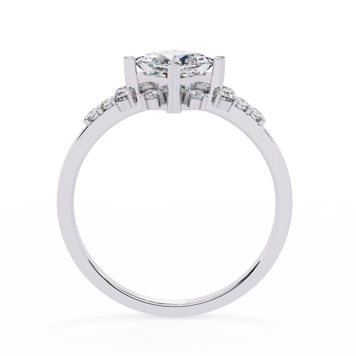 Diamond ring with a central gemstone and smaller stones on a white background