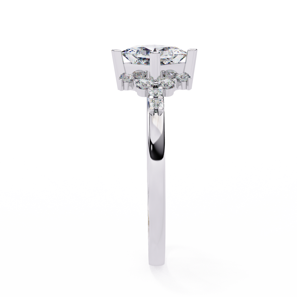 A silver-toned diamond ring with a large round-cut center stone and smaller diamonds in a halo setting, shown on a plain white background.