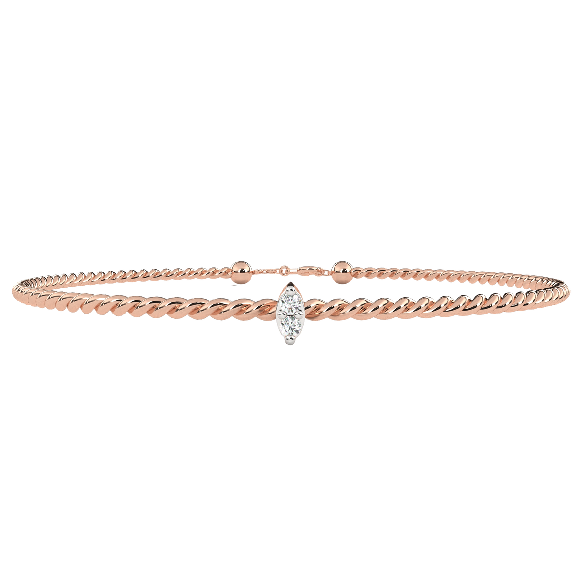 Rose gold bracelet with a diamond on a white background