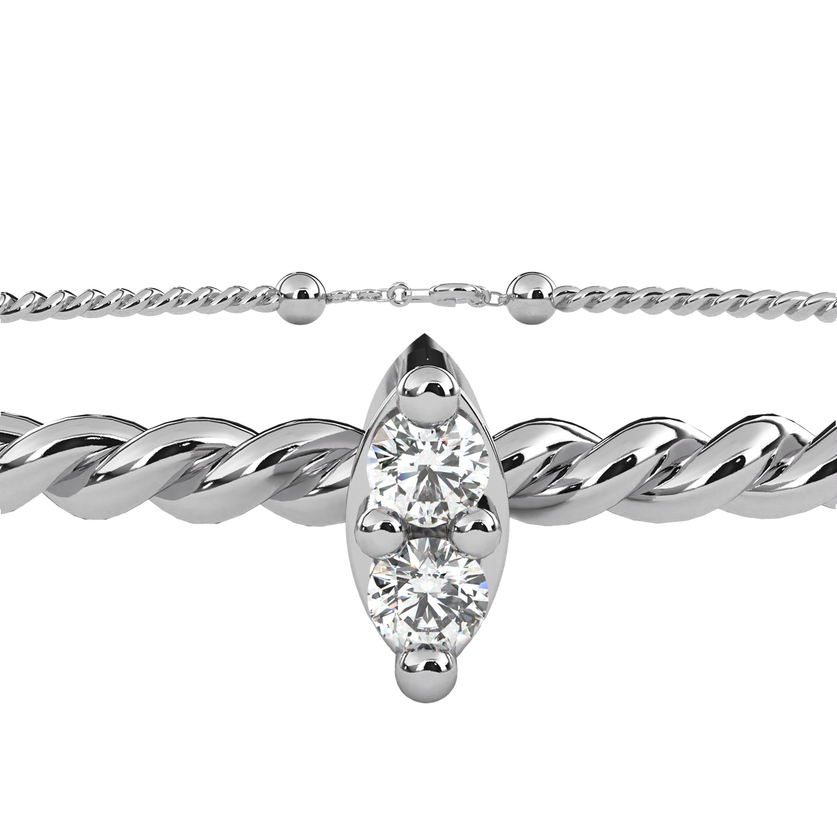 Silver bracelet with a marquise-shaped diamond on a white background