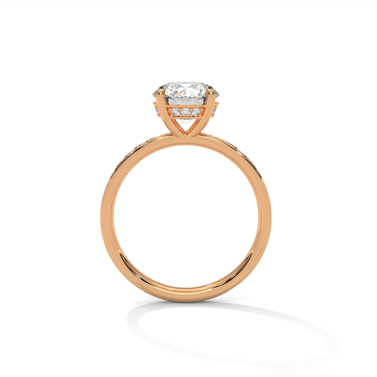 Rose gold ring with a diamond on a white background
