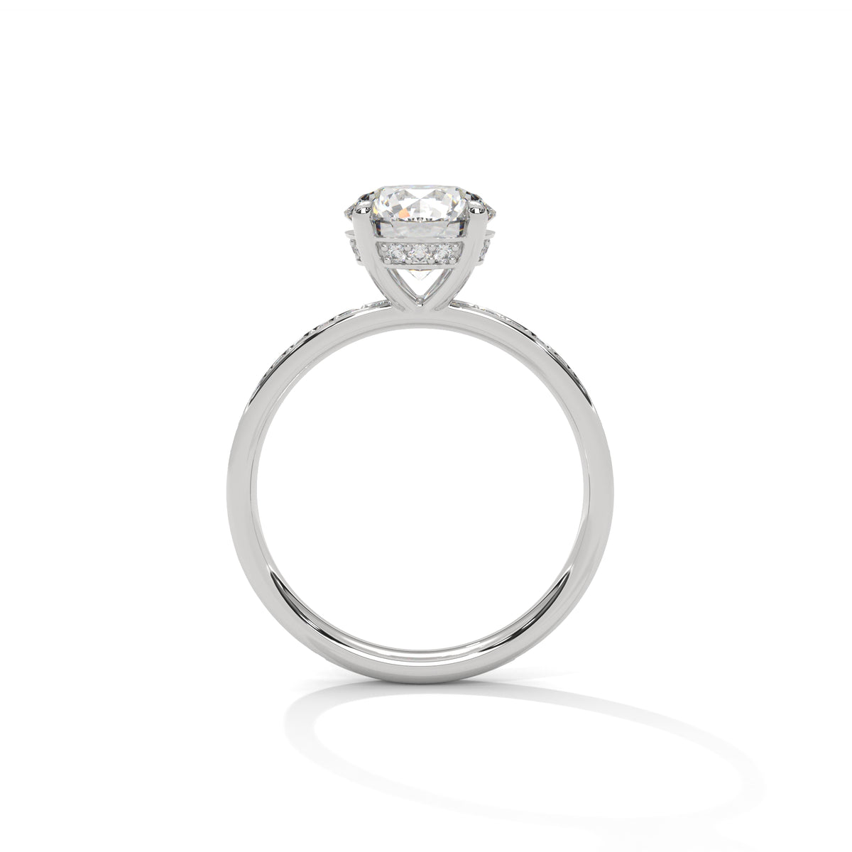 A silver-toned diamond engagement ring with a round brilliant-cut center stone and a halo of smaller diamonds, shown on a clean white background with a soft reflection.