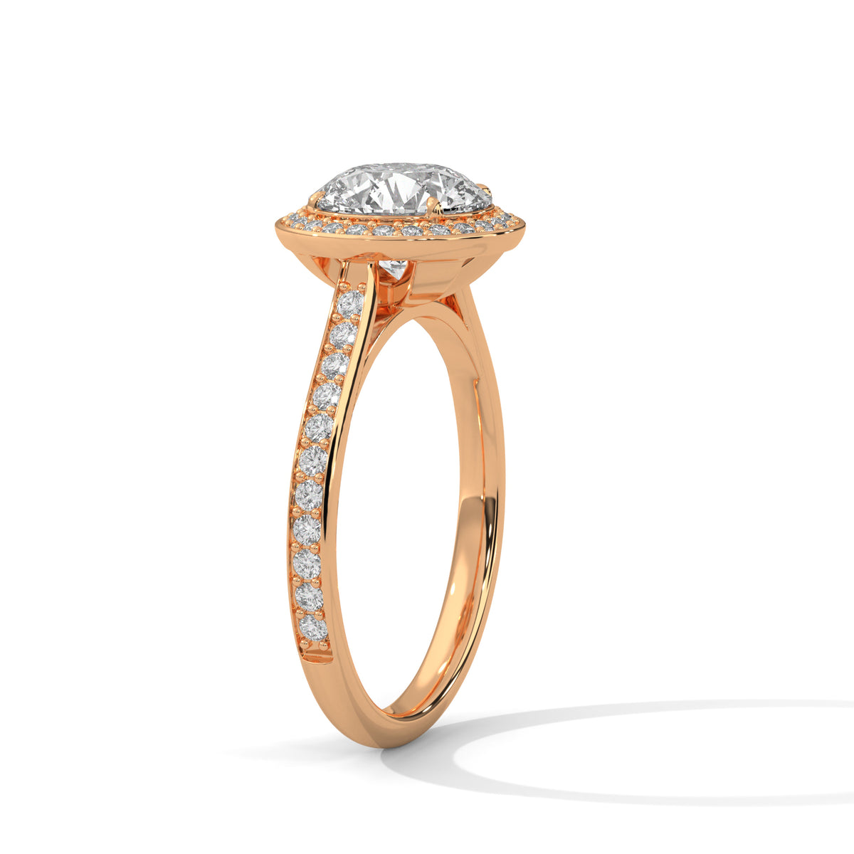 Rose gold ring with a diamond on a white background