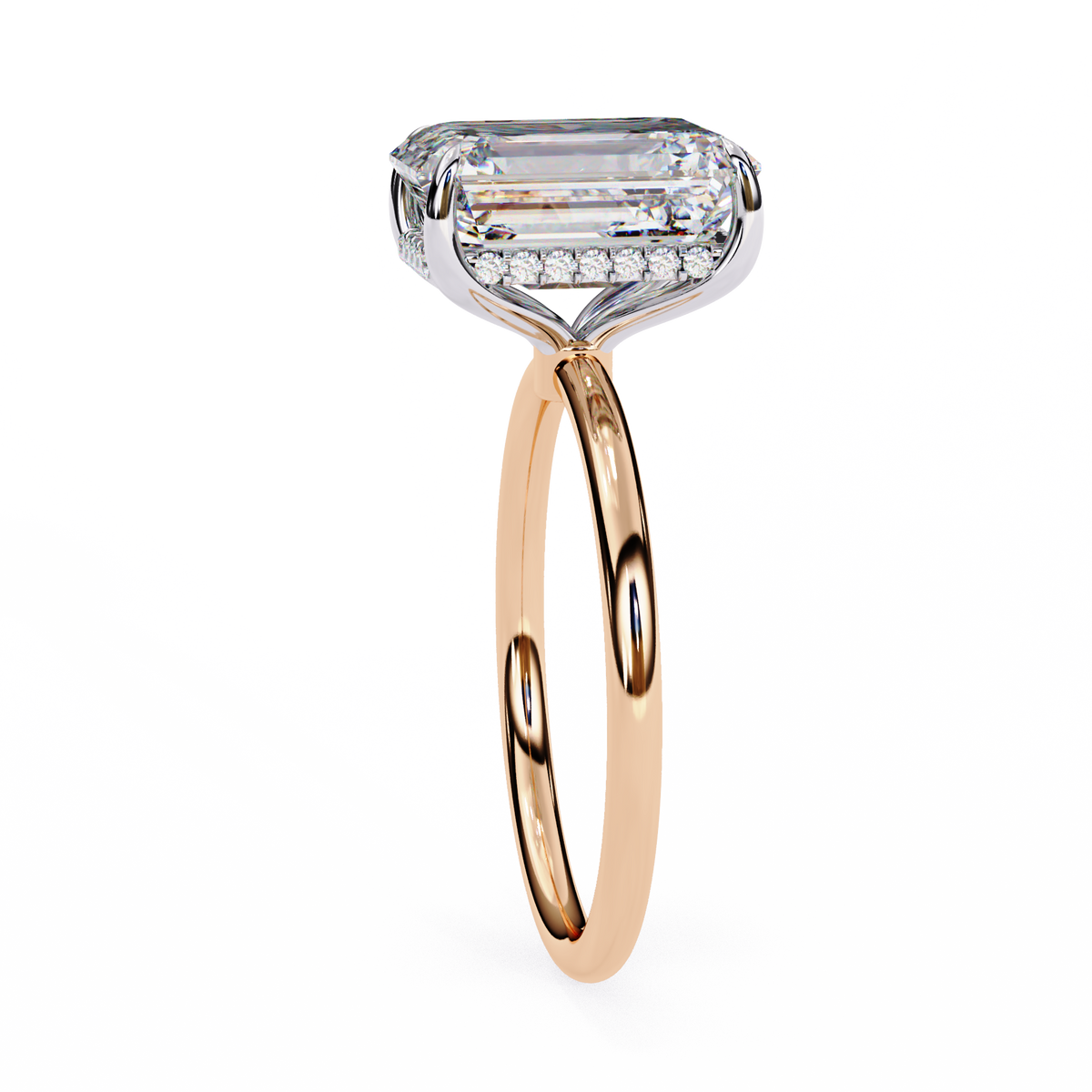 Rose gold ring with a large diamond and smaller diamonds on the band against a white background