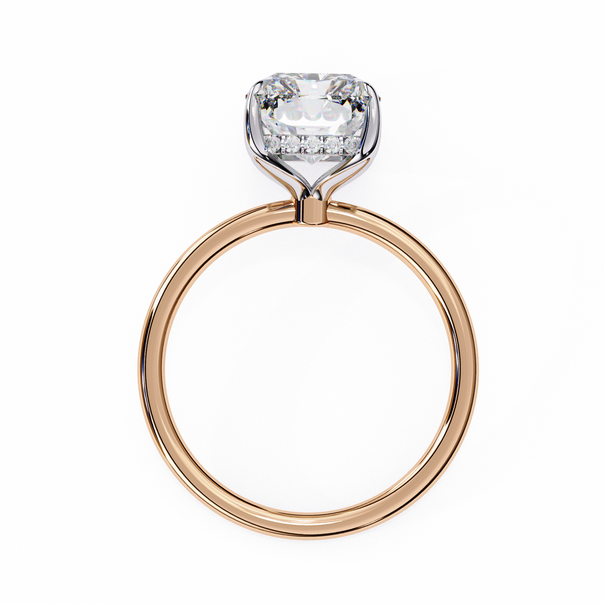 Rose gold ring with a diamond on a white background