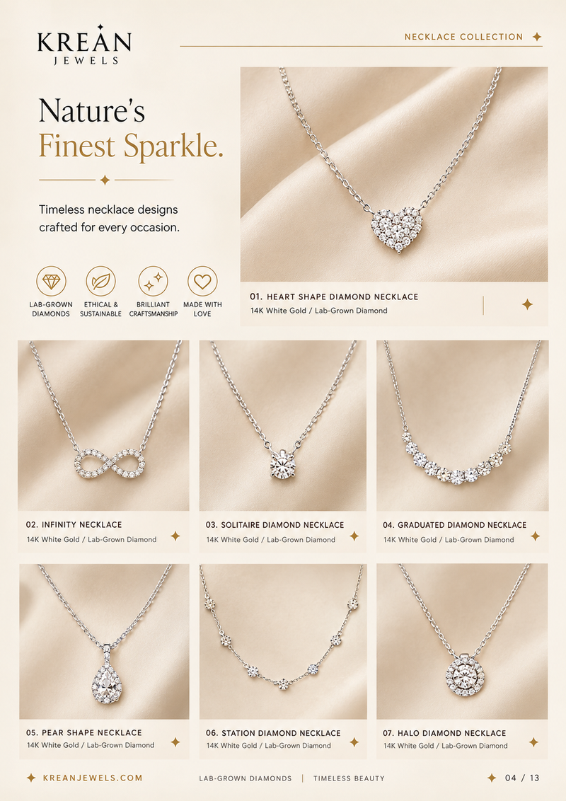 A promotional collage for Krean Jewels necklace collection, featuring seven different diamond and lab-grown diamond necklace designs on a warm beige background with elegant text and labels.