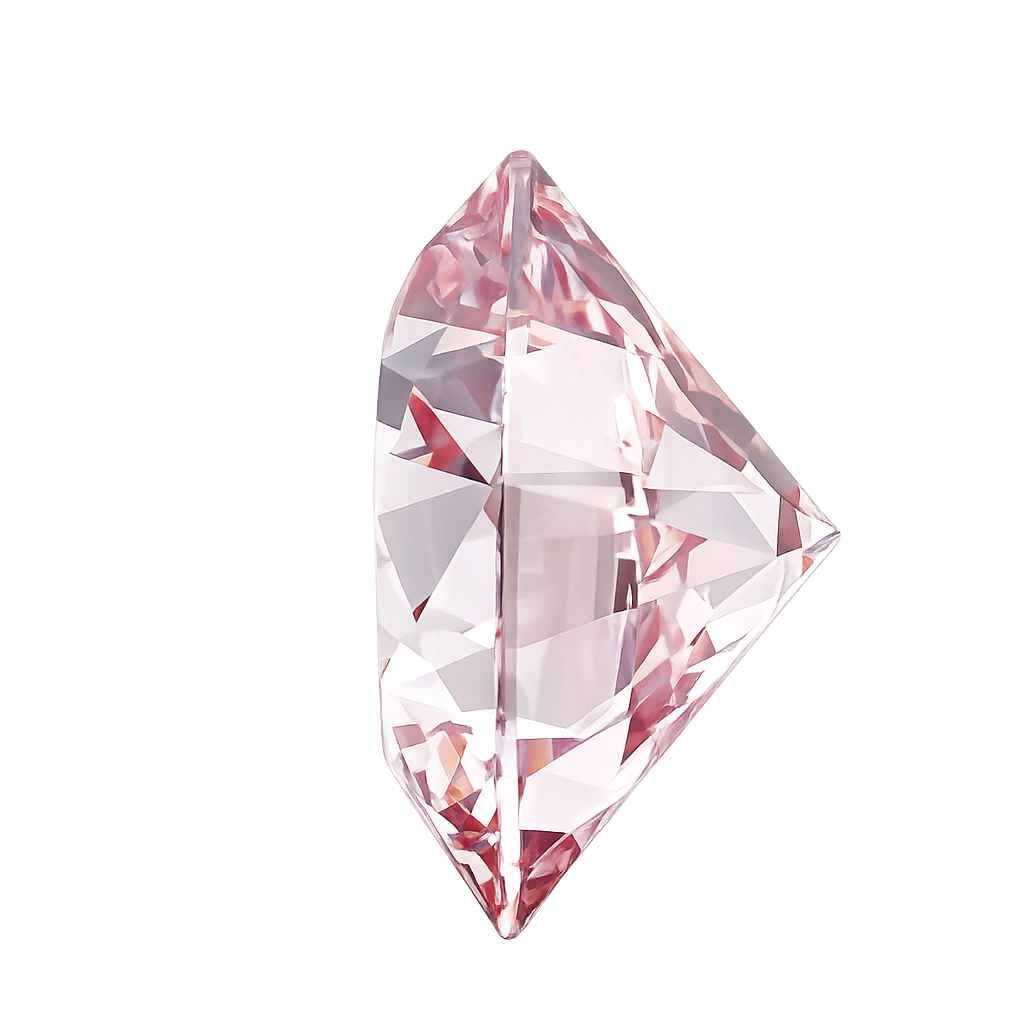 A single faceted marquise-cut crystal gemstone with a soft pink tint, isolated on a solid white background.