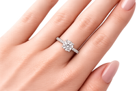 Diamond ring on a hand with a white background