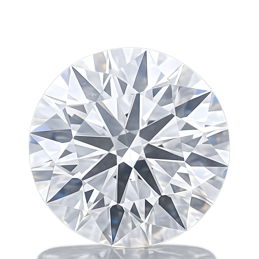 A round brilliant-cut diamond shown in a top-down view on a clean white background with a subtle reflection below.