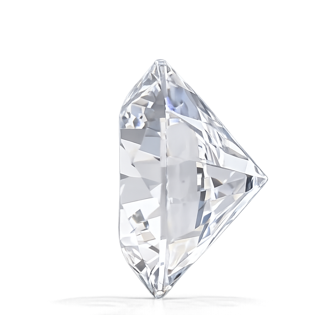 A single clear faceted gemstone cut in a brilliant round shape, shown upright on a plain white background with a faint shadow below.