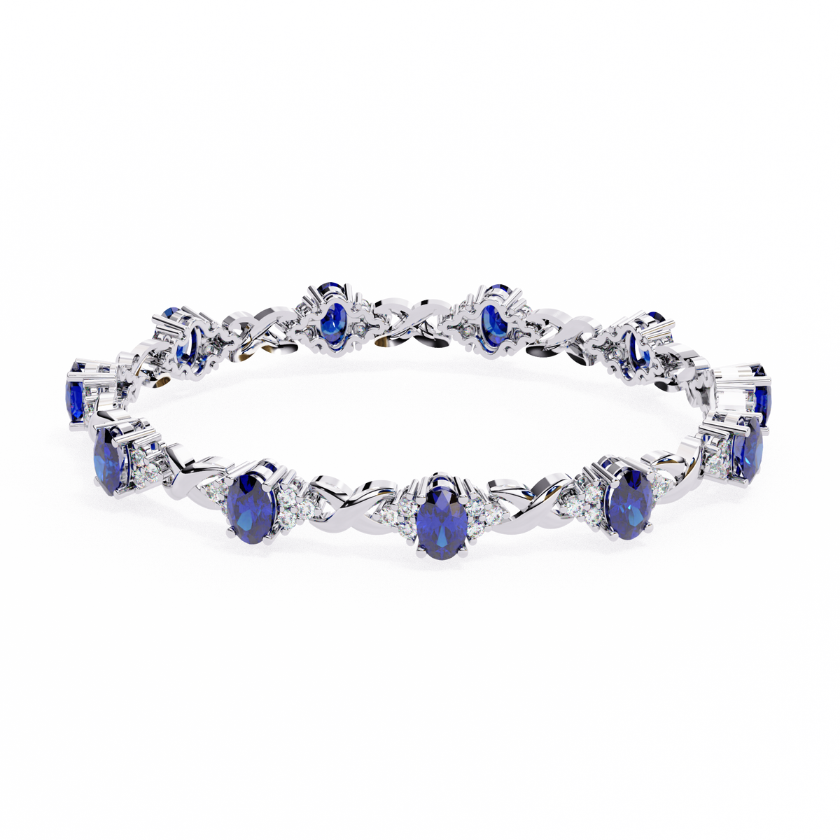 Silver bracelet with blue gemstones on a white background