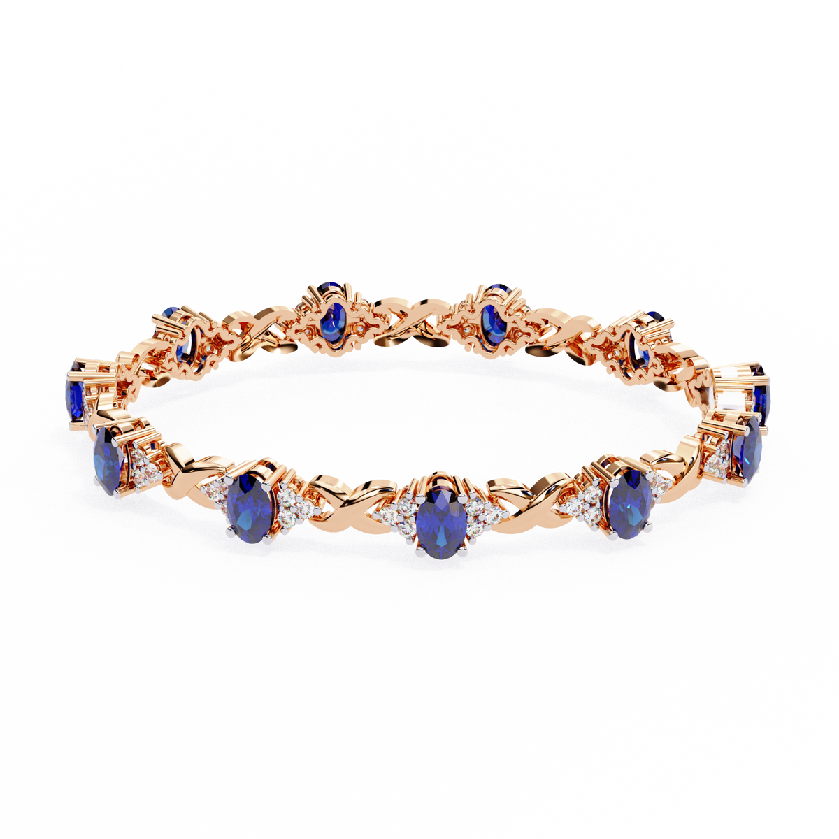 Rose gold bracelet with blue gemstones on a white background