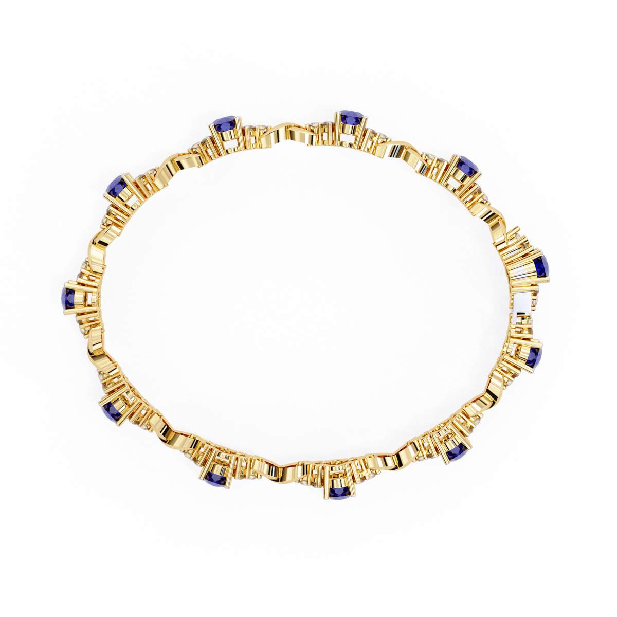 Gold necklace with blue gemstones on a white background