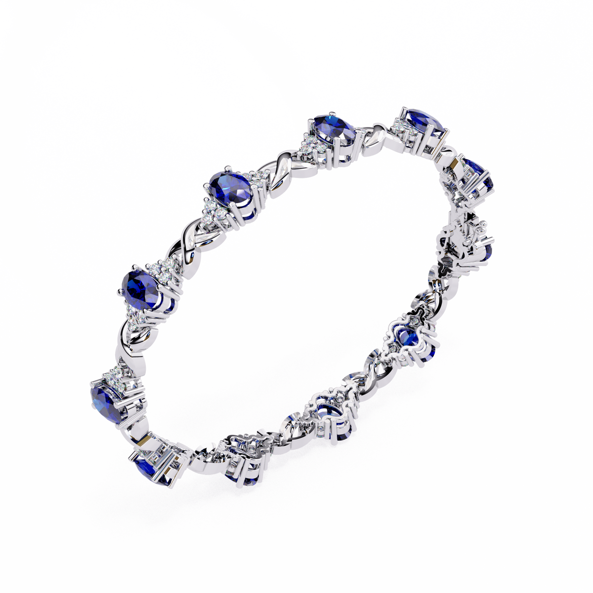 Silver bracelet with blue gemstones on a white background