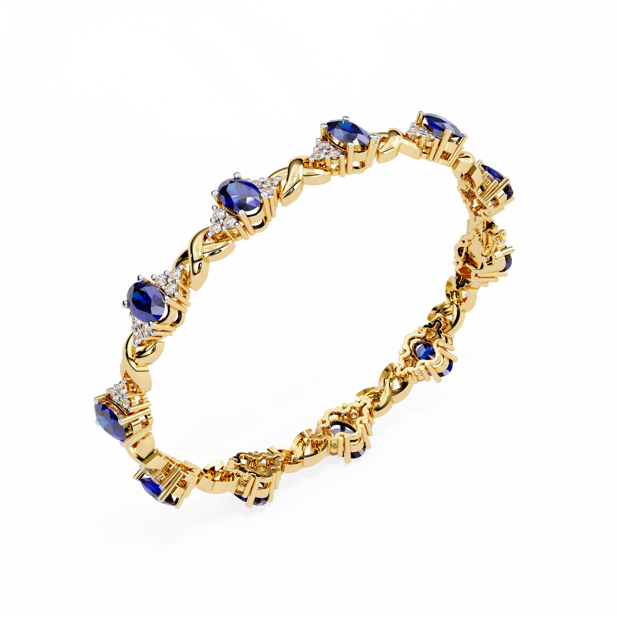 Gold bracelet with blue gemstones on a white background