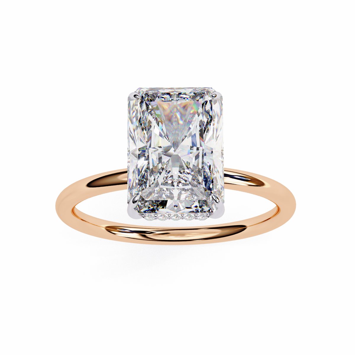 Rose gold ring with a rectangular diamond on a white background