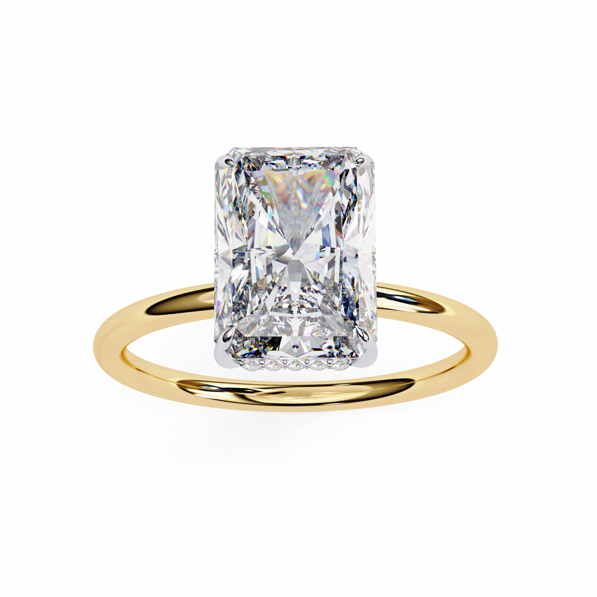 Rose gold ring with a rectangular diamond on a white background